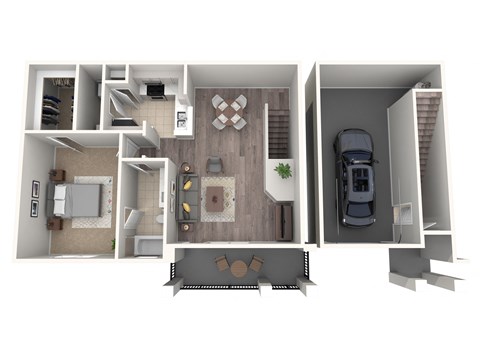 a 3d floor plan of a102 with a car and a bedroom at The Atlantic Stone Oak Apartments, San Antonio, 78260